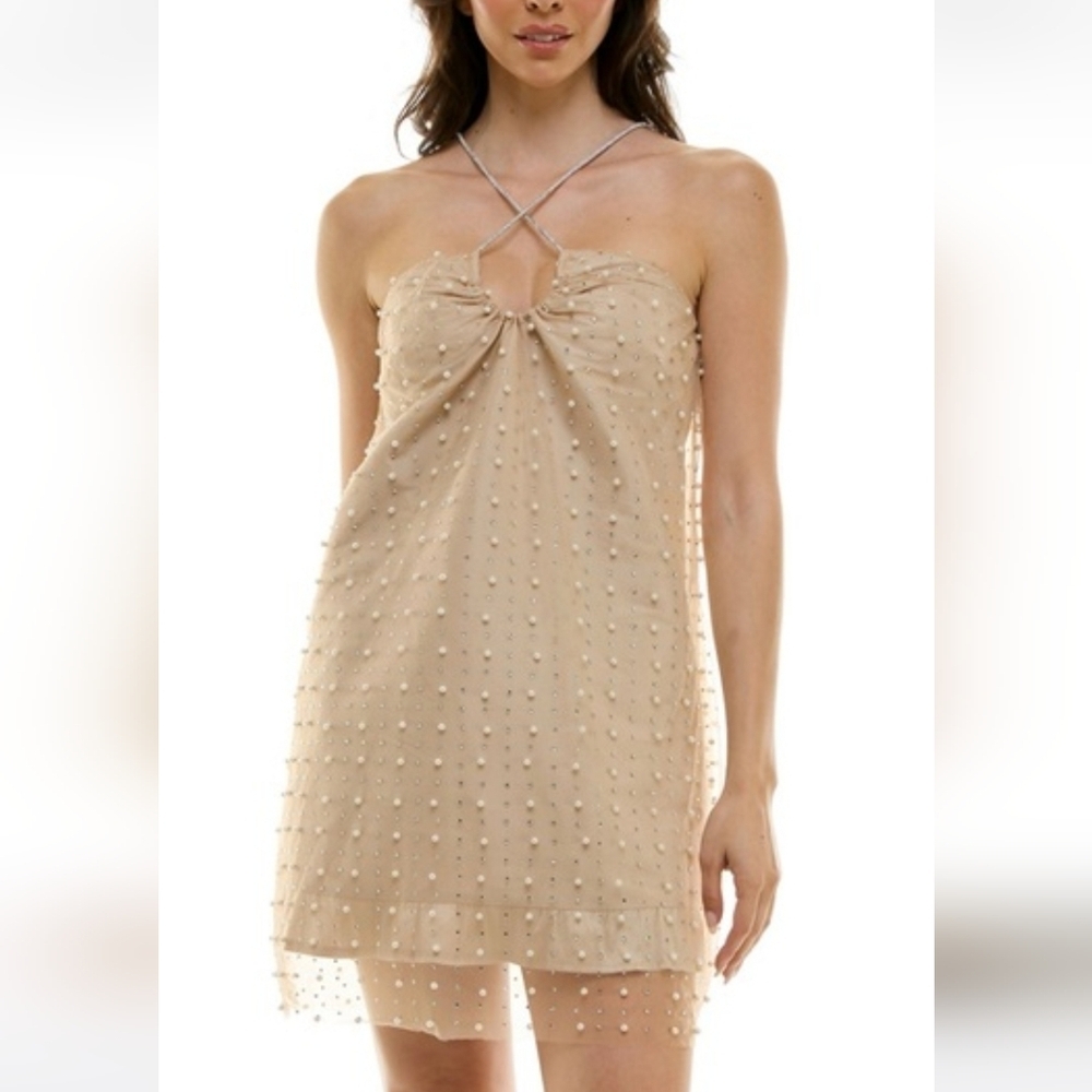 VIOLET Weekend Pearl & Rhinestone Embellished Halter Mini Dress.Champagne 5/6